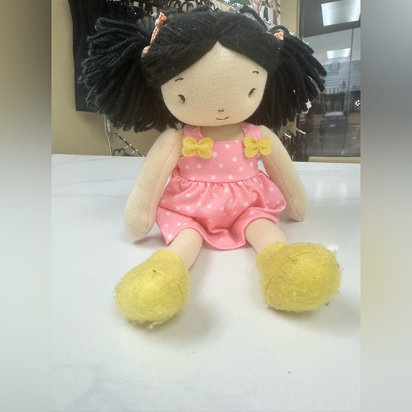 Bunnies by The Bay Baby Doll Black Hair Pink Dot Dress  Yellow Zs 12” Plush - Picture 1 of 9